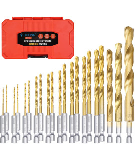 Ticonn 21 Pcs Titanium Coated Drill Bit Set With Hex Shank, 135 Degree Tip High Speed Steel Drill Bits Kit With Storage Case For Steel, Aluminum, Copper, Soft Alloy Steel Size From 116 To 12