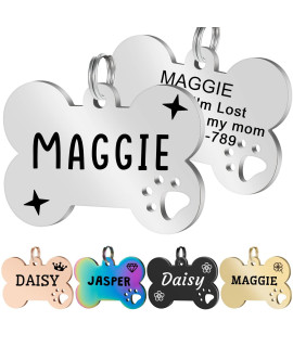 Jatebi 2 Pack Personalized Pet Id Tags, Stainless Steel Dog Tags,Custom Bone&Hollowed Paw Shaped Engraved Dog Name, Label, Address & Phone, Customizable On Both Sides( Large Silver)