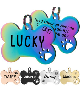 Jatebi 2 Pack Personalized Pet Id Tags, Stainless Steel Dog Tags,Custom Bone&Hollowed Paw Shaped Engraved Dog Name, Label, Address & Phone, Customizable On Both Sides( Small Gradient Blue)