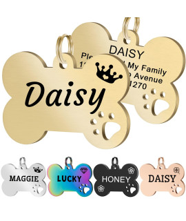 Jatebi 2 Pack Personalized Pet Id Tags, Stainless Steel Dog Tags,Custom Bone&Hollowed Paw Shaped Engraved Dog Name, Label, Address & Phone, Customizable On Both Sides( Small Gold)