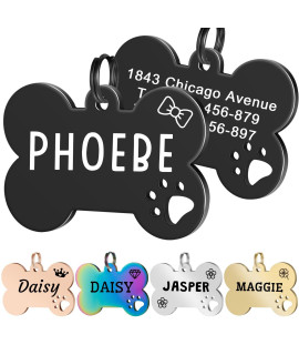 Jatebi 2 Pack Personalized Pet Id Tags, Stainless Steel Dog Tags,Custom Bone&Hollowed Paw Shaped Engraved Dog Name, Label, Address & Phone, Customizable On Both Sides( Large Black)