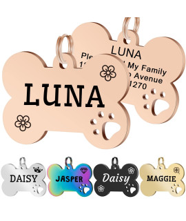 Jatebi 2 Pack Personalized Pet Id Tags, Stainless Steel Dog Tags,Custom Bone&Hollowed Paw Shaped Engraved Dog Name, Label, Address & Phone, Customizable On Both Sides( Small Rosegold)