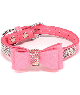 Charmsong Crystal Suede Dog Collar With Bow Tie Rhinestone Jeweled Dazzling Sparkling Elegant Fancy Soft Puppy Bling Collars For Small Dogs Pink Xxl