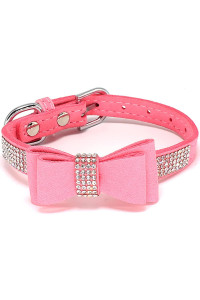 Charmsong Crystal Suede Dog Collar With Bow Tie Rhinestone Jeweled Dazzling Sparkling Elegant Fancy Soft Puppy Bling Collars For Small Dogs Pink Xs