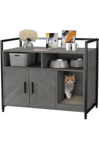 Gdlf Iron Wood Sturdy Structure Large Pet Crate Cat Washroom Hidden Cat Litter Box Enclosure Furniture As Nightstand With Cat Scratch Pad Easy Assembly (Gray)