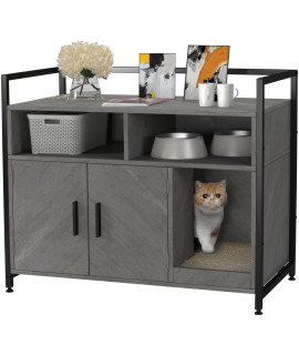 Gdlf Iron Wood Sturdy Structure Large Pet Crate Cat Washroom Hidden Cat Litter Box Enclosure Furniture As Nightstand With Cat Scratch Pad Easy Assembly (Gray)