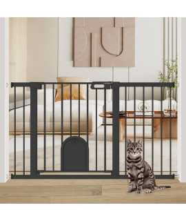 Baby Gate With Cat Door 30 To 57 Wide Black - Walk Through Small Pet Gate For Kitten Puppy Dogs Doorways Stair - Pressure Mounted Child Safety Gate Stand 30Inch Tall