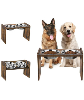 Snughome Elevated Dog Bowls, Raised Dog Bowls With 2 Stainless Steel Dog Bowls, Rustic Wood Adjustable Elevated Dog Food And Water Bowls Stand - Raised Pet Feeder For Large Dogs, Rustic Brown