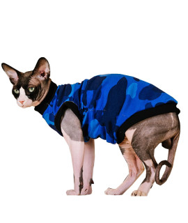 Sphynx Hairless Cat Summer Cotton T-Shirts Cat Vest Pet Clothes,Round Collar Vest Kitten Shirts Sleeveless, Cats & Small Dogs Apparel (Large, Blue Camo)