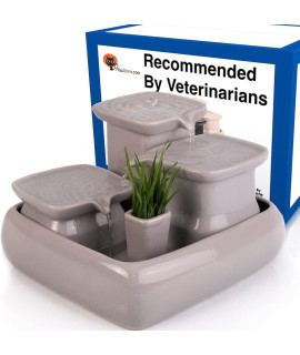 Miaustore Premium Ceramic Cat Water Fountain - Large, Ultra Quiet, 125Oz34L, Doesnat Need Filters, Easy To Clean, Dishwasher Safe, Pet Drinking Fountain With Bowl For Cat Grass Inside - Grey
