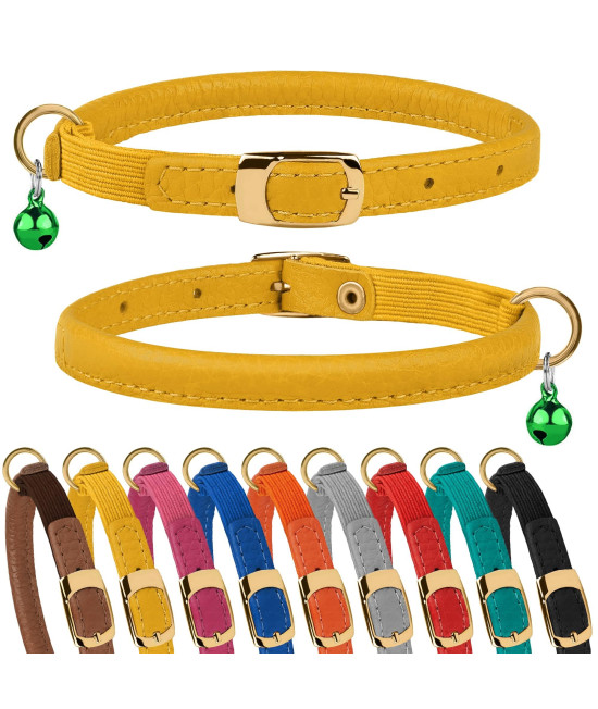 Murom Rolled Leather Cat Collar With Elastic Strap Safety Adjustable Pet Collars For Cats Kitten Yellow Red Pink Blue Orange Brown Gray (Yellow)