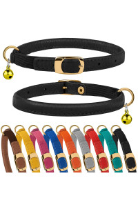 Murom Rolled Leather Cat Collar With Elastic Strap Safety Adjustable Pet Collars For Cats Kitten Yellow Red Pink Blue Orange Brown Gray (Black)