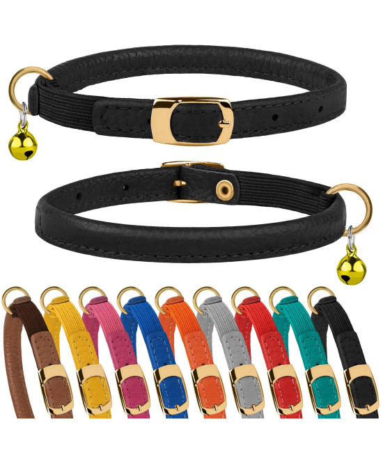 Murom Rolled Leather Cat Collar With Elastic Strap Safety Adjustable Pet Collars For Cats Kitten Yellow Red Pink Blue Orange Brown Gray (Black)