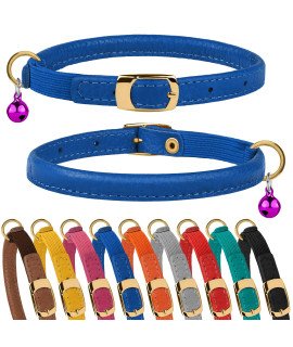 Murom Rolled Leather Cat Collar With Elastic Strap Safety Adjustable Pet Collars For Cats Kitten Yellow Red Pink Blue Orange Brown Gray (Blue)
