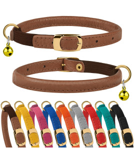 Murom Rolled Leather Cat Collar With Elastic Strap Safety Adjustable Pet Collars For Cats Kitten Yellow Red Pink Blue Orange Brown Gray (Brown)