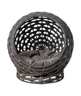 Huntley Equestrian Pet Rattan Cat Bed Condo, Elevated with Round Cushion, Grey (02196)