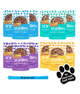Friskies Lil' Grillers in Gravy Variety Bundle | 4 Flavors, (3) Each: Seared Cuts with Chicken, Turkey, Tuna, and Ocean Fish (1.55 OZ.) | Plus Kitty Toy and Car Paw Magnet!