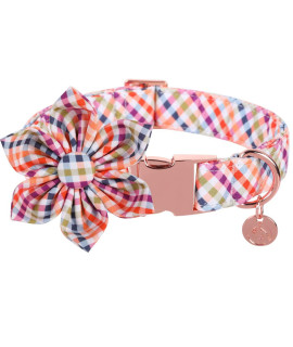 Dogwong Fall Dog Collar With Flower, Orange Plaid Dog Collar Soft Durable Cotton Dog Collar For Small Medium Large Dog