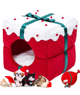 KUCDBUN Cat Bed House, Cat Bed for Indoor Cats 2-in-1 Cat Cube Condo Christmas Cat Bed, Cat Cave with Removable Washable Cushioned Pillow, Box Shape for Pet Cat Kitten Dog Puppy Rabbit Bunny