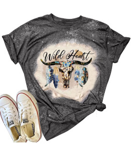 Wild Soul T-Shirt Women Vintage Western Bleached Tee Tops Boho Cow Skull Rodeo Shirt Western Cowgirls Casual Shirt Tops (Dark Grey-1, Large)