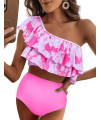 Vimpunec Ruffle One Shoulder Swimsuits For Women Cute High Waisted Two Piece Bathing Suits Pink Tie Dye