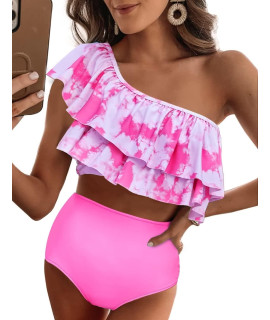 Vimpunec Ruffle One Shoulder Swimsuits For Women Cute High Waisted Two Piece Bathing Suits Pink Tie Dye