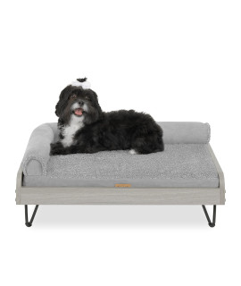 Wooden Dog Bed with Water Resistant Mattress, Small to Medium Elevated Pet Bed With Calming Mattress, Greenguard Gold Certified, Modern Dog Couch, Silver, Asher - TailZzz