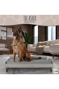 Wooden Dog Bed with Water Resistant Mattress, Large to Extra Large Elevated Pet Bed With Calming Mattress, Greenguard Gold Certified, Modern Dog Couch, Silver, Asher - TailZzz