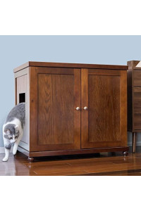 THE REFINED FELINE Cat Litter Box Enclosure Cabinet, Modern, Mahogany Brown, Round Feet, Large, Hidden Litter Cat Furniture with Drawer