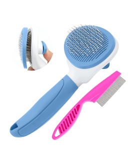 Cat Brush for Shedding and Grooming, Pet Self Cleaning Slicker Brush with Cat Hair Comb by KALAMANDA (Blue)