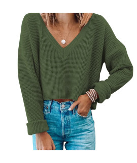 Womens V Neck Waffle Knit Cropped Top Long Sleeve Pullover Crop Sweater L Green