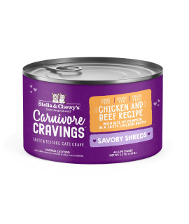 Stella Chewyas Carnivore Cravings Savory Shreds Cans - Grain Free, Protein Rich Wet Cat Food - Cage-Free Chicken Grass-Fed Beef Recipe - (52 Ounce Cans, Case Of 24)