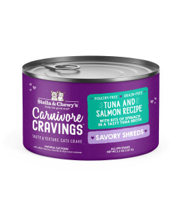 Stella Chewyas Carnivore Cravings Savory Shreds Cans - Grain Free, Protein Rich Wet Cat Food - Wild-Caught Tuna Salmon Recipe - (52 Ounce Cans, Case Of 24)
