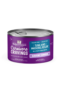 Stella Chewyas Carnivore Cravings Savory Shreds Cans - Grain Free, Protein Rich Wet Cat Food - Wild-Caught Tuna Mackerel Recipe - (52 Ounce Cans, Case Of 24)