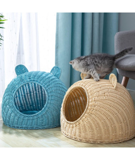 Cat nest Semi-Enclosed pet House in Summer Hand-Made Rattan Cat Bed Breathable Washable pet Supplies Sets Including Ball Mat and Wool mat