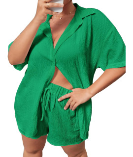 Makemechic Womens Plus Size Casual 2 Piece Outfits Long Sleeve Button Down Blouse And Shorts Set Green Textured 4Xl