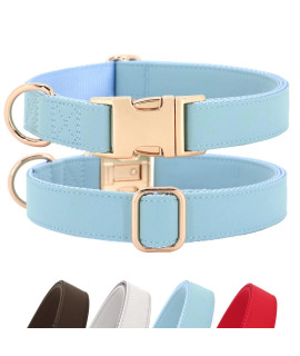 Pet Artist Charming Nylon Dog Collar With Leather Adjustable Soft Elegant Nylon Collars For Dogs Small Medium Large 4 Solid Color For Choosing Blue Red Brown Grey (Blue,Neck Fit 9-14)