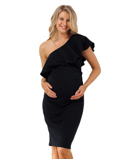 Laclef Womens Maternity Ruffled One Shoulder Side Ruching Dress (Black, X-Large)