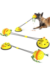 Interactive Dog Toy, Hibroslee Food Dispenser Wobble Wag Giggle Squeaky Treat Rope Molar Ball Dog Toothbrush Chew Toy Long Lasting for Aggressive Chewer Small/Large Dogs with Vacuum Suction Cup,Yellow