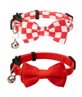 Gyapet Collar For Cats Pets Breakaway With Bell Bowtie Floral Bow Detachable Adjustable Safety Puppy 2Pcs Plaid Solid-Red