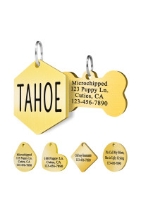 Ultra Joys Personalized Dog Tags Engraved For Pets - Front And Back Custom Dog Tags For Pets - Stainless Steel Dog Tags And Cat Id Tags - Personalized Dog Id Tags - Hexagon Tag In Gold, Large