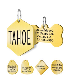 Ultra Joys Personalized Dog Tags Engraved For Pets - Front And Back Custom Dog Tags For Pets - Stainless Steel Dog Tags And Cat Id Tags - Personalized Dog Id Tags - Hexagon Tag In Gold, Large