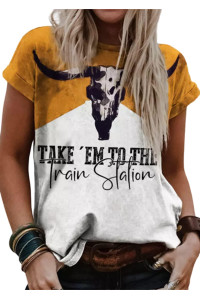 Wild Soul T-Shirt Women Vintage Western Bleached Tee Tops Boho Cow Skull Rodeo Shirt Western Cowgirls Casual Shirt Tops (Yellow-2, Small)