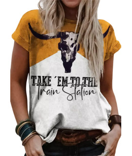 Wild Soul T-Shirt Women Vintage Western Bleached Tee Tops Boho Cow Skull Rodeo Shirt Western Cowgirls Casual Shirt Tops (Yellow-2, Small)