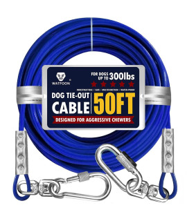 Watfoon 50Ft Dog Tie Out Run Cable For Dogs Up To 300Lbs, Long Dog Chains Training Tether Leash Heavy Duty Dog Run Cable With Stainless Dual Fix Buckle For Yard Garden Park Camping Training Outside