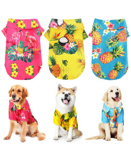 Whaline 3 Pieces Hawaiian Dog Shirts Breathable Summer Dog Cloth Pineapple Flamingo Pattern Pet Apparel Beach Short Sleeve Suit For Small To Large Dogs (Blue, Yellow, Rose Red), Xl