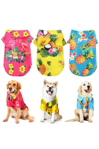 Whaline 3 Pieces Hawaiian Dog Shirts Breathable Summer Dog Cloth Pineapple Flamingo Pattern Pet Apparel Beach Short Sleeve Suit For Small To Large Dogs (Blue, Yellow, Rose Red), L
