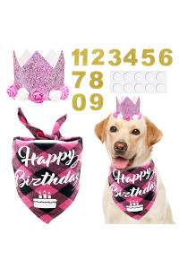 Pet Show Pink Crown Hat Dog Birthday Party Supplies For Girls Female Pets Small Medium Large Dogs Cats Birthday Hat And Plaid Bandana With 0-9 Numbers And Glue Dots