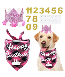 Pet Show Pink Crown Hat Dog Birthday Party Supplies For Girls Female Pets Small Medium Large Dogs Cats Birthday Hat And Plaid Bandana With 0-9 Numbers And Glue Dots