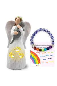 Borlesta Cat Memorial Gifts,Led Candle Holder Pet Loss Sympathy Gifts For Cat Lovers, Cat Angel Figurines Cat Remembrance Gifts With 7 Chakra Rainbow Bridge Bracelet